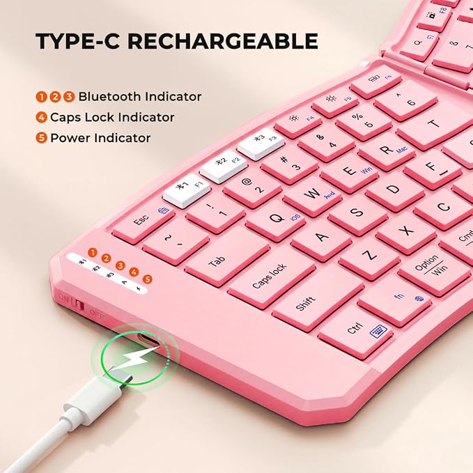 MEETION Foldable Ergonomic Bluetooth Keyboard, Split, Portable, Pink | Compact rechargeable folding keyboard with split ergonomic design, ideal for business travel, for Windows, Mac, iPad, Android - Image 5