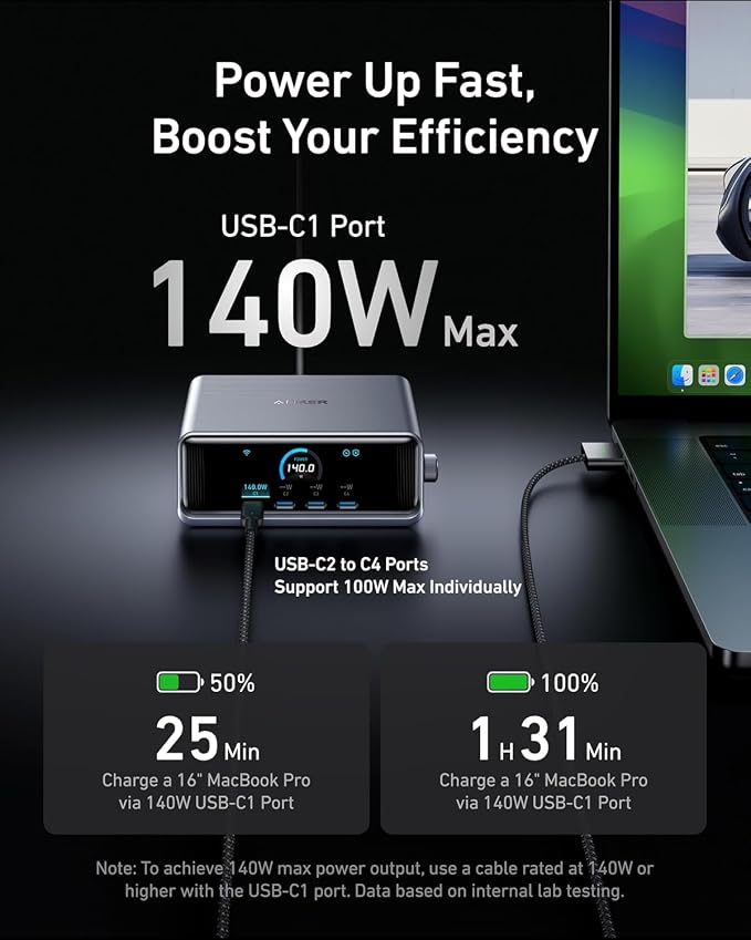 Anker Prime Charging Station, 250W 6-Port GaN USB C Charger | 2.26" LCD Smart Display Control, Compatible with iPhone, Galaxy, MacBook, Dell for Home Office, Gaming Desk Accessories - Image 4