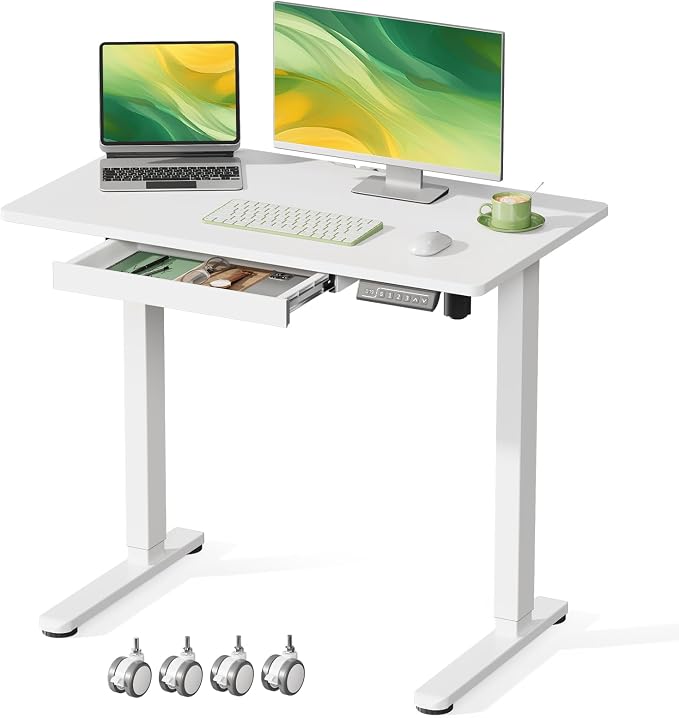 35” Rolling Standing Desk with Drawer & Wheels, White | 18mm One-piece Electric Height Adjustable Desk with Cable Clip on Lockable Wheels, Small Mobile Rising Laptop Workstation by GIBBONMOUNTS
