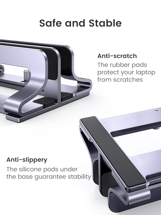 UGREEN 2-Slot Vertical Laptop Stand Holder Desk Compatible with MacBook Pro Air Laptop Stand Desktop Adjustable, Lenovo Ideapad, Surface Book, HP Notebook, Dell Chromebook Up to 17.3 Inch, Space Gray - Image 4