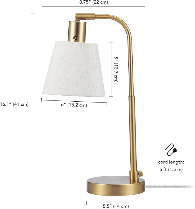 Globe Electric 61000057 16" Desk Lamp, Matte Brass Finish, White Shade, Adjustable Pivot Joint, Rotary Switch on Socket, Modern Lighting for Bedroom or Office, Indoor Lights, E26 Base - Image 8