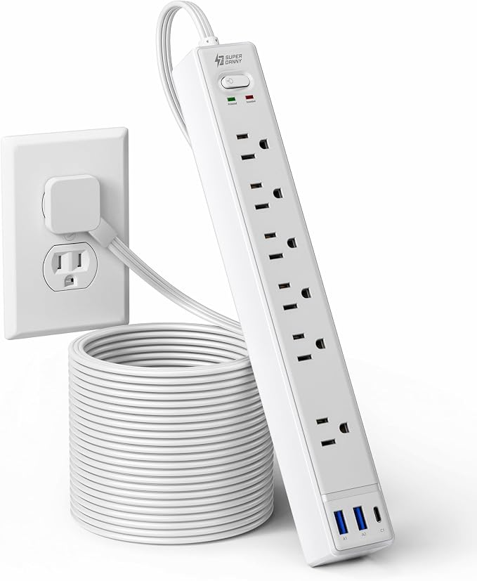 15Ft Long Extension Cord, SUPERDANNY Flat Plug Surge Protector Power Strip | 6 Outlets & 3 USB, Flat Plug Power Strip Wall Mountable, Desk Charging Station for Home, Office, College Dorm Room Essentials by SUPERDANNY