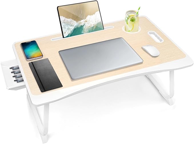 Amaredom Laptop Bed Desk Tray Bed Table, Foldable Portable Lap Desk Notebook Stand Reading Holder with Storage Drawer and Cup Holder for Eating Breakfast on Bed/Couch/Sofa-White Oak by AmaredomHome
