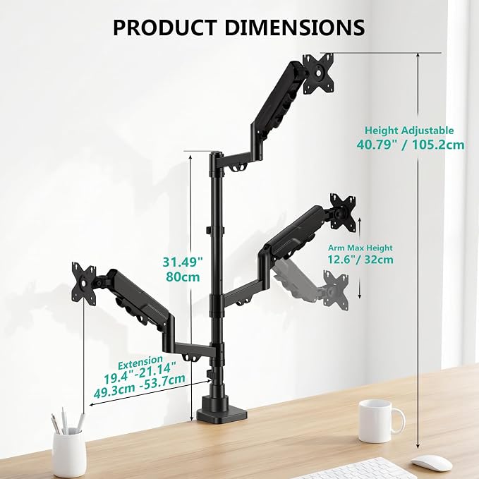 WALI Stacked Triple Monitor Mount for 49" UItrawides and Dual 34" Monitors | Heavy Duty 3 Monitor Arm up to 33 lbs, Full Motion with Tilt, Swivel, Rotation, C-Clamp & Grommet Base, VESA 75/100mm, Black - Image 5