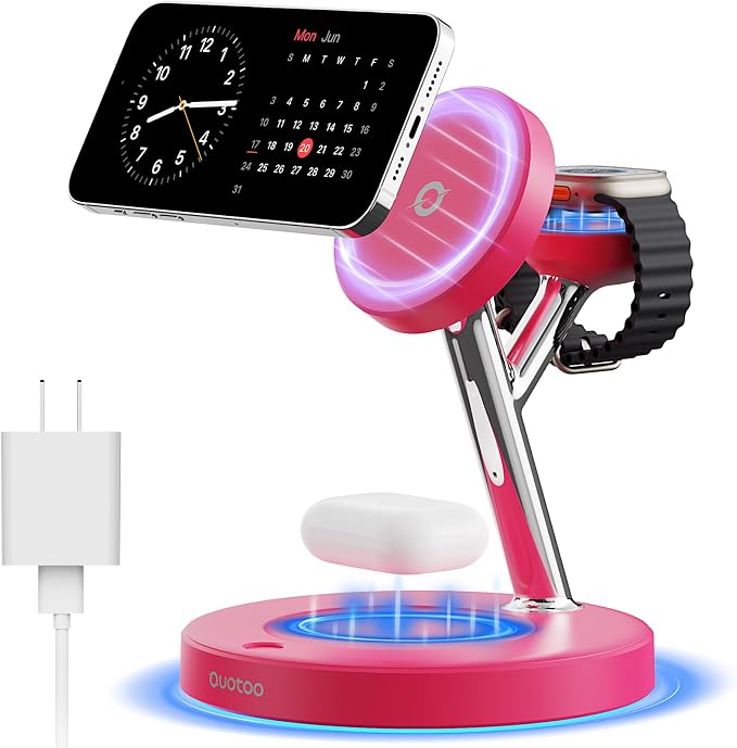【Adjustable Blue Ambient Light】 Wireless Charger 3 in 1 for iPhone, Magnetic Charging Station for Apple Family,15W Fast MagSafe Charger Stand,for iPhone17-12-iWatch AirPods Series by Ouotoo