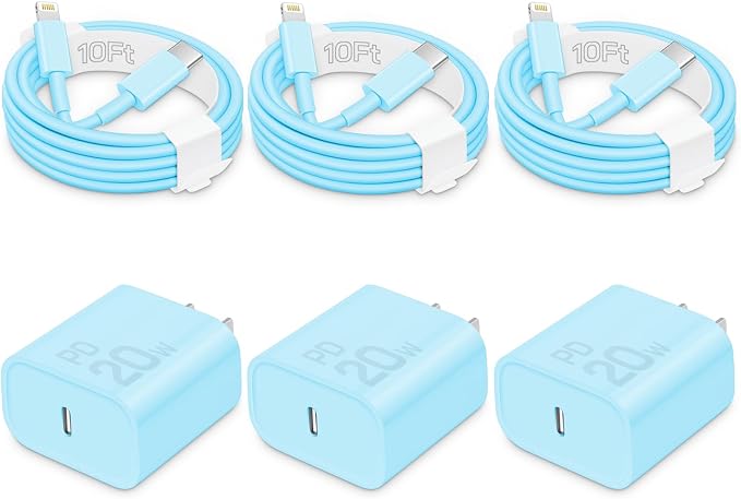 20W Fast Charger for iPhone 14/13/12 [3-Pack, MFi Certified] | USB-C PD power adapter with 10Ft cable, compatible with iPhone 14/13/12/11/Pro Max/Pro/Plus/Mini, iPad & more - Blue by CXX