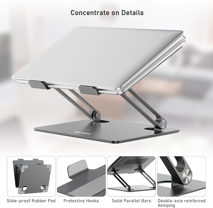 BoYata Laptop Stand, Adjustable Metal Desktop Riser, Up to 15 Inches, Gray | Slide-Proof Silicone Pads and Protective Hooks Provide Stable Support for MacBook, Notebooks and Laptops up to 15 Inches - Image 3