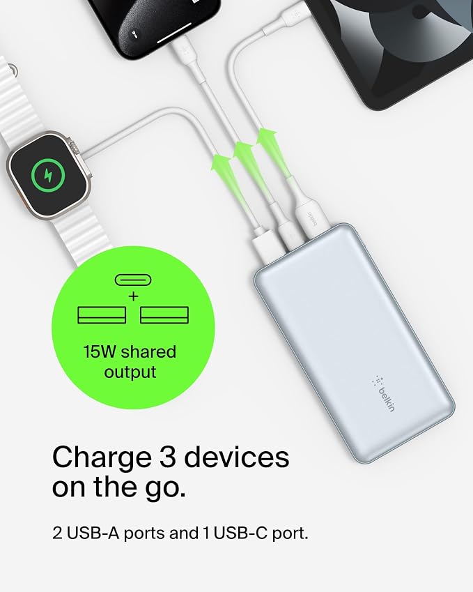 Belkin 10000mAh 15W 3 Port Power Bank, USB A to USB C Cable Included | Fast Charging, iPhone 17, Samsung Galaxy, Pixel, Airpods, iPad, Nintendo Switch 2, Battery Pack, USB C Port, USB A Port - Image 4