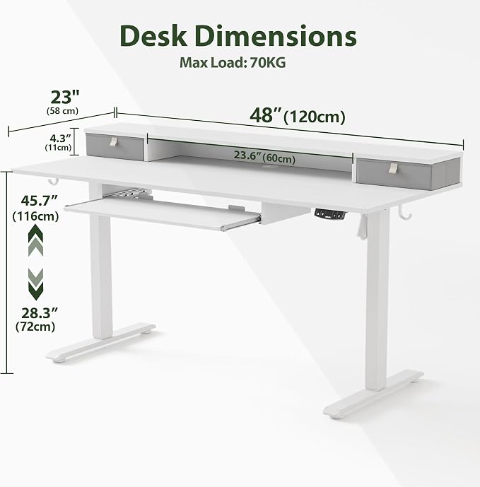 Agilestic 48 Inch Standing Desk with Drawers & Keyboard Tray, White | Electric Height Adjustable, 2 Storage Drawer, Monitor Stand, Sturdy Steel Frame, Memory Presets, Hooks, 154 lbs, Splice Board - Image 9