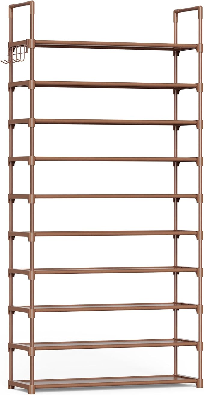 Kitsure 10 Tier Shoe Rack, Tall Shoe Organizer, 32.2" Wide, Brown | Large-Capacity Shoe Storage with Hooks, Shoe Shelf for Closet, Entryway, Bedroom, Living Room, Zapateras Organizer by Kitsure