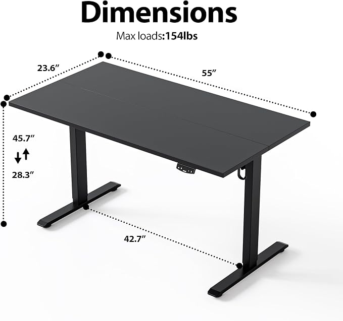 Agilestic Electric Height Adjustable Standing Desk, 55 Inch, Black | Smooth Height Adjustment, Memory Presets, Hooks, Stable Steel Frame,154 lbs Capacity, Easy Assembly, Splice Board - Image 2
