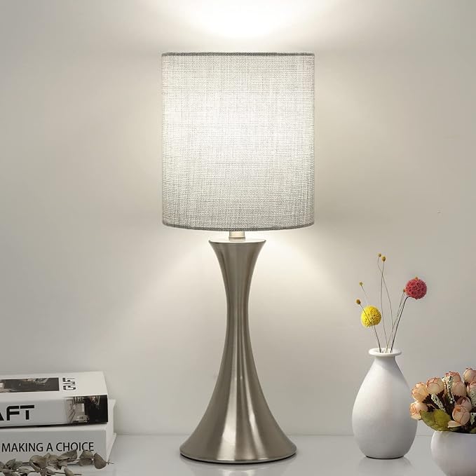 3 Way Touch Control Table Lamp, Dimmable Bedside Desk Lamp with Metal Base Modern Nightstand Lamp Stylish Grey Shade Simple Side Table Lamp for Bedroom, Living Room, Office or Den LED Bulb Included by Seasidevillage