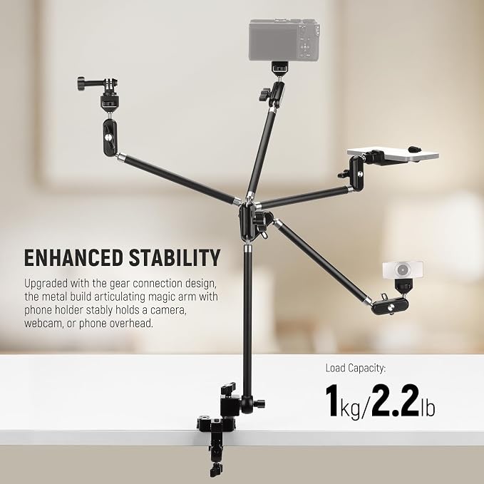 NEEWER 30" Articulating Magic Arm with Desk Super Clamp/Action Cam Mount/Phone Holder, Overhead Camera Mic Boom Stand, Compatible with GoPro iPhone DSLR Webcam Microphone Video Recording, UA056 - Image 2