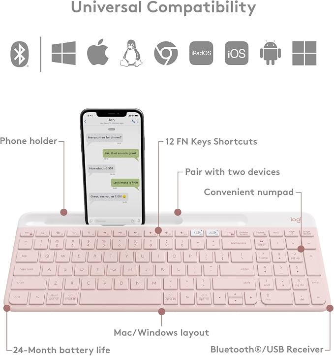 Logitech K585 Slim Wireless Keyboard with Built-in Phone Cradle - Rose | Bluetooth with included USB receiver, connects 2 devices, cradle can hold smartphone or tablet up to 10 in. in landscape mode - Image 7