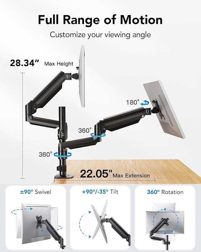 HUANUO Dual Monitor Mount up to 32 inches Screens, Taller Monitor Stand Hold 19.8lbs, Dual Monitor Arm Desk Mount Easy Adjustable with Tilt, Swivel, Rotation, VESA 75/100mm - Image 5