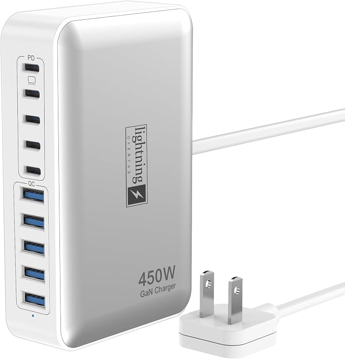 USB C Charger Hub 450W, 10 Ports Charging Station for Multiple Devices, Type C Port 140W Max for Laptops Super Fast Charging, GaN Tech Charging Blocks Comapct Design, Ultra Slim Flat Plug by lightningofertas