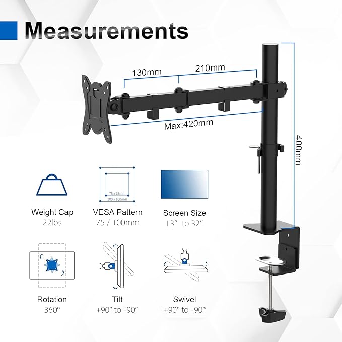 GRIFEMA Monitor Mount for 13-32 in, Single Monitor Arm, Up to 22 Lbs | Full Motion Adjustable Height, 360° Rotate, Tilt, Swivel, Easy Install, VESA 75/100 mm, Monitor Stand for Home Office Gaming - Image 2
