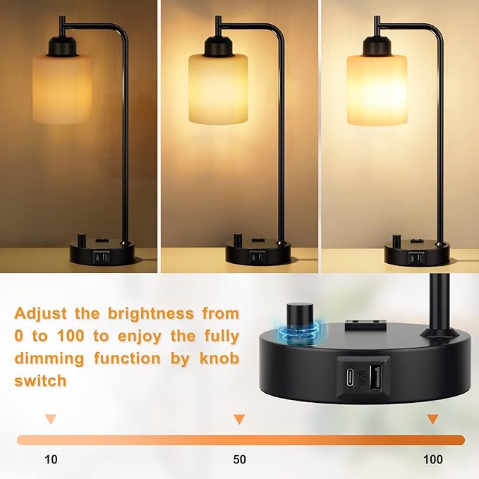 Industrial Bedroom Table Lamps for Bedside - White Opal Glass Shade Desk Lamps with USB C Port, Fully Dimmable Black Lamps with USB Port and Outlet, Reading Nightstand Lamp for Office Living Room - Image 2