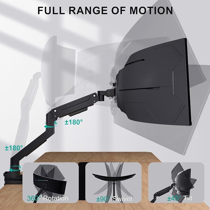 WALI Heavy Duty Monitor Arm for 13-49 inch 1000R Curved Screens，up to 44lbs | Ultrawide Monitor Desk Mount，Full Motion with Tilt, Swivel, Rotation, C-Clamp & Grommet Base, VESA 75/100mm (GSM001XL), Black - Image 4