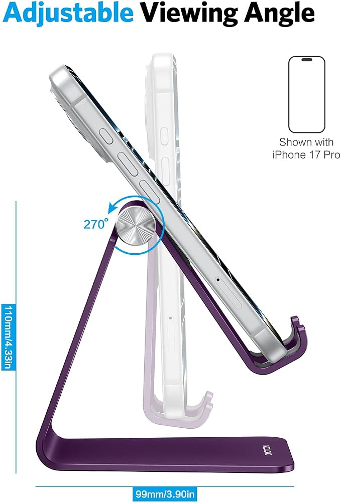 OMOTON C2 Adjustable Cell Phone Stand with Charging Cutout, Deep Purple | Sturdy 3mm Aluminum, Charging Port, 270° Adjustable, Non-Slip Silicone Pads, Works with Thick Cases, for All Smartphones - Image 4