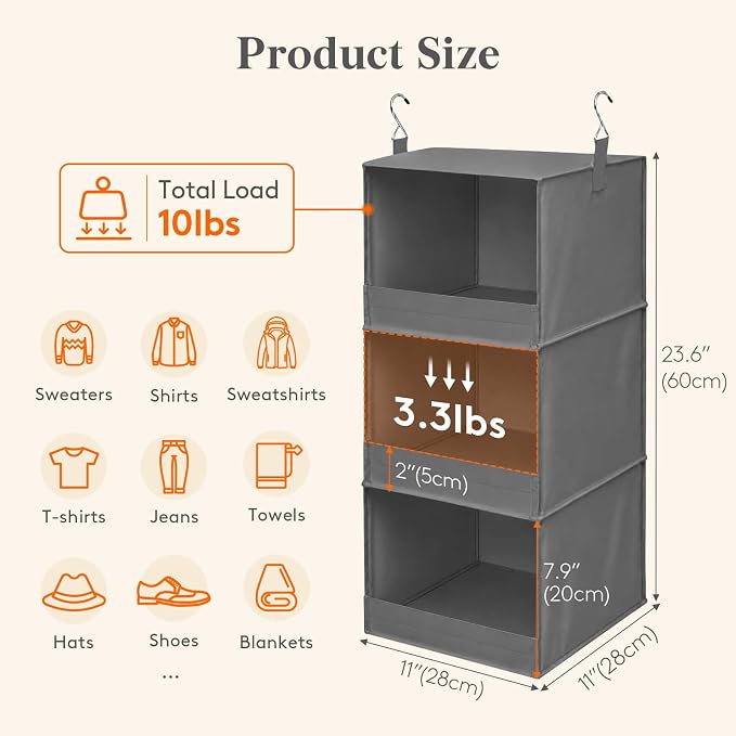 Lifewit RV Storage and Organization, Hanging Closet Shelves | 3 Shelf Front Anti-Slip Closet Organizers and Storage with 2 Sturdy Hooks, Vertical, Foldable, for Camper, Grey, 1 Pack - Image 3
