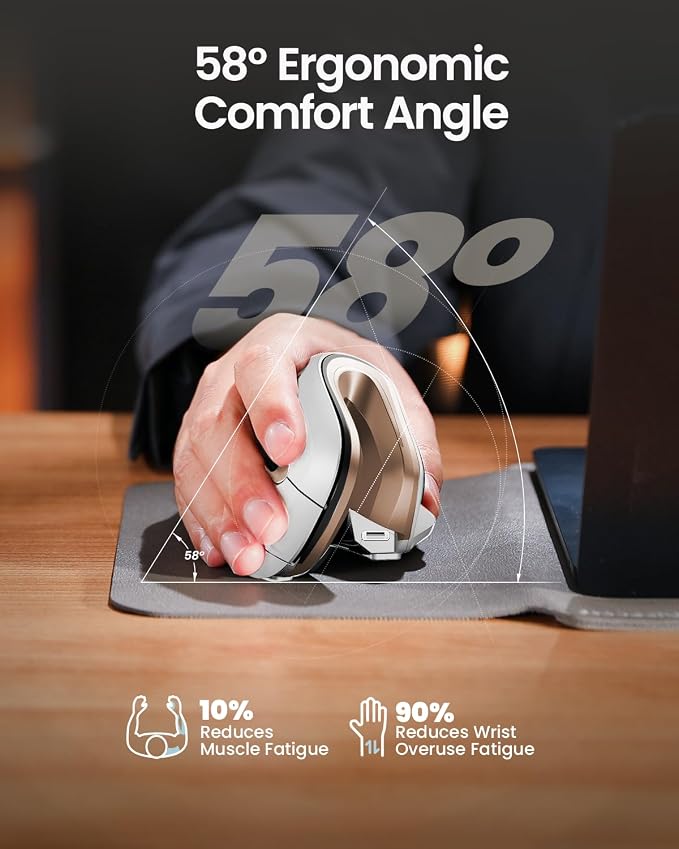 ProtoArc EM11 NL Wireless Ergonomic Mouse, Rechargeable, White Gold | 58° vertical design supports a natural wrist posture, connect 3 devices via Bluetooth/2.4G USB-A, 500mAh USB-C rechargeable. - Image 8