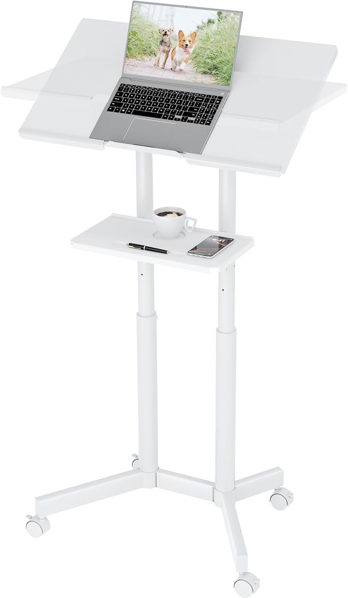 BONTEC Lecterns & Podiums Portable Mobile Standing Laptop Desk, Sit Stand | Height Adjustable, Home Office Classroom Pulpit Stand Up Desk Workstation, Rolling Table Laptop Cart with Storage Tray, White by BONTEC