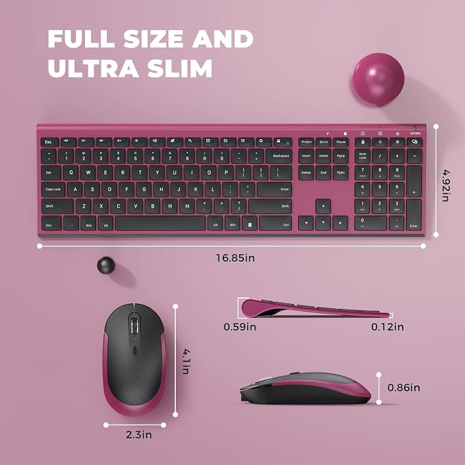 Vssoplor Wireless Keyboard and Mouse, Rechargeable Ultra Slim, Wine Red | Quiet Full-Size Keyboard and Mouse Combo Set, for Laptop, PC, Notebook, Desktop, 2.4GHz Stable Connection, Ideal for Office - Image 3