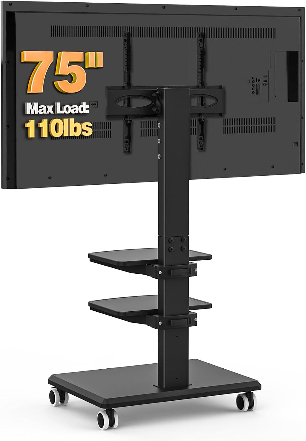 Rolling Floor TV Stand with Double Shelves, Height Adjustable Swivel Freestanding TV Mount with 2'' Lockable Nylon Casters, Solid Wood Base for 32-75 Inch TVs up to 110 lbs, Max VESA 400x400mm - Image 3