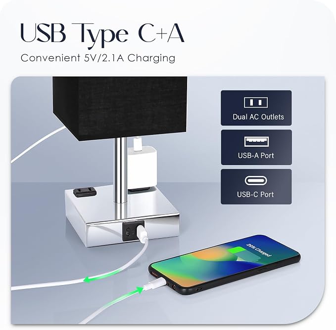 Set of 2 Bedside Table Lamp 3 Way Dimmable Nightstand Lamp with USB C & USB A Charging Port, 2 AC Outlets, 3000K LED Bulbs (Black) - Image 3