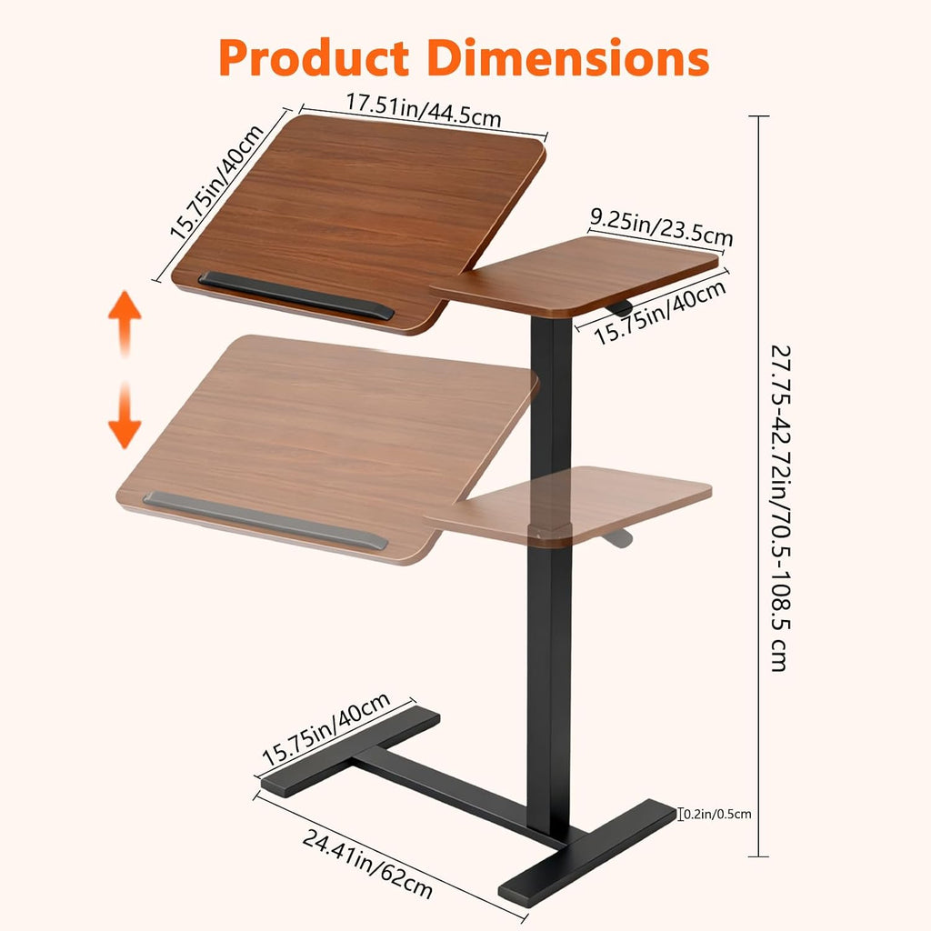 Overbed Bedside Table with Wheels, Pneumatic Adjustable Rolling Laptop Desk,Tiltable Bed Table Over The Bed,Mobile Standing Desk for Bedroom,Couch, Office and Home Use - Image 3