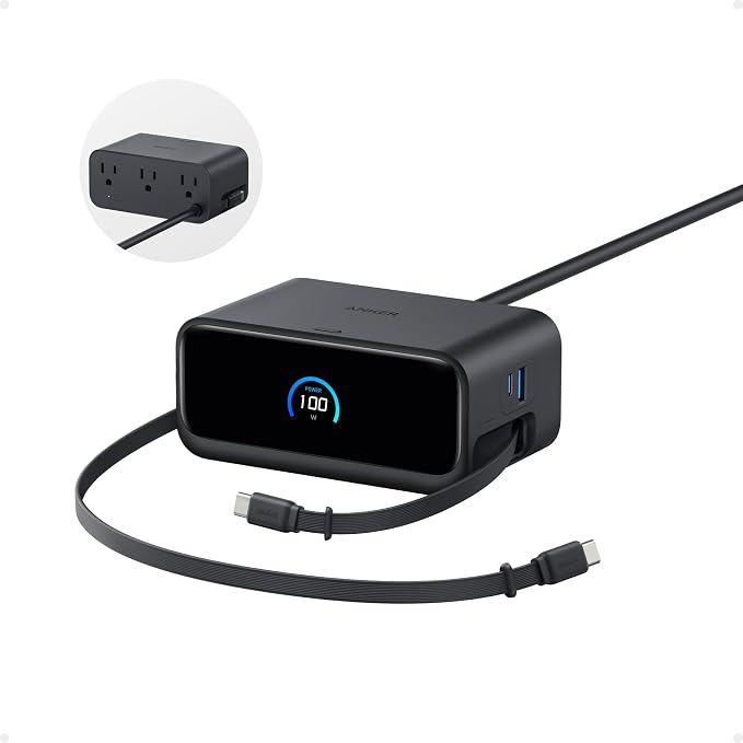 Anker Nano Charging Station, 100W 7-in-1 Power Strip, Retractable Charger | 2.3ft InstaCord Cable, Gaming Desk Accessories for Multiple Devices, 3 AC, 3 USB C, 1 USB A, MacBook Charger, Home Office by Unknown