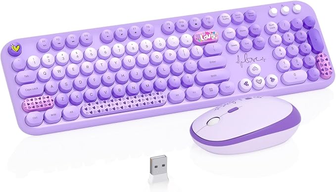 Wireless Keyboard and Mouse Combo, 104 Keys Cute Colorful Keyboard and Mouse with Retro Typewriter for PC/Mac/Laptop/Tablet/Computer/Windows Microsoft, Purple by Unknown