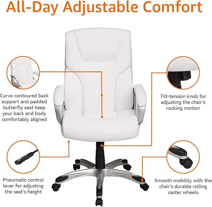 Amazon Basics Executive High Back Office Desk Chair, Adjustable Height, Tilt, Swivel, 275lb Capacity, Bonded Leather, White/Pewter - Image 6