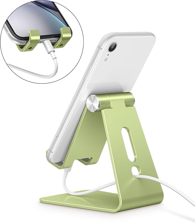 OMOTON Adjustable Cell Phone Stand, C2 Aluminum Desktop Phone Dock Holder Compatible with iPhone 15 14 13, SE, XR, 8 Plus 7 6, Samsung Galaxy, Google Pixel and More | Sturdy 3mm Aluminum, Charging Port, 270° Adjustable, Non-Slip Silicone Pads, Works wi... - Image 6