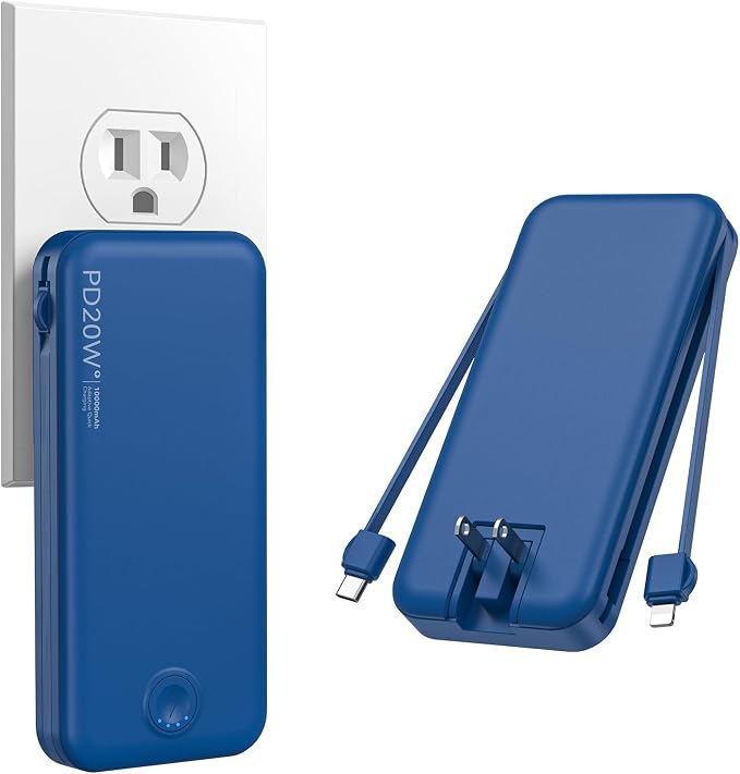 Nusyddy Portable Charger 10000mAh Fast Charging w/Built-in Wall Plug Navy | PD20W Fast Charging, LED Indicator, Pass Through Charging, TSA Approved, Compact/Slim, Power Bank for iPhone/iPad/Samsung by NUSYDDY