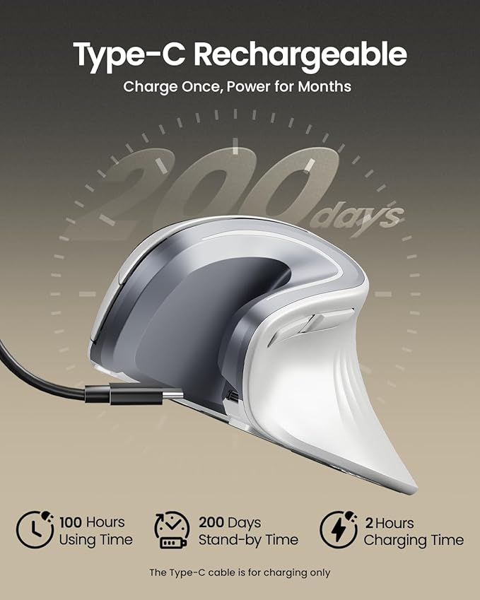 ProtoArc EM11 NL Wireless Ergonomic Vertical Mouse, White | 58° vertical design supports a natural wrist posture; connect 3 devices via Bluetooth/2.4G USB-A; 500mAh USB-C rechargeable. - Image 2