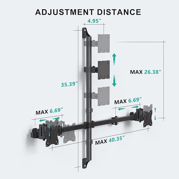 WALI Triple Monitor Wall Mount for 13 to 49 Inch, 3 Monitor Wall Mount Computer Monitor Arm for Ultrawides Screens, Swivel Tilt Wall Mount with VESA 75/100 mm, Per Arm Holds Up to 22lbs - Image 3