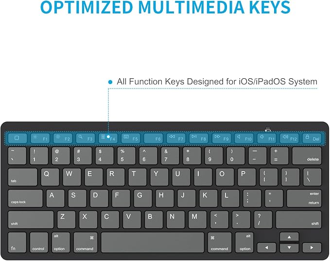OMOTON Ultra-Slim Bluetooth Keyboard for iPad,iPad Pro/Air/Mini,iPhone | Stable Wireless iOS Keyboard with 12 Multimedia Keys, Portable for Office, Business, Travel, School, Graphite Black & Gray - Image 6