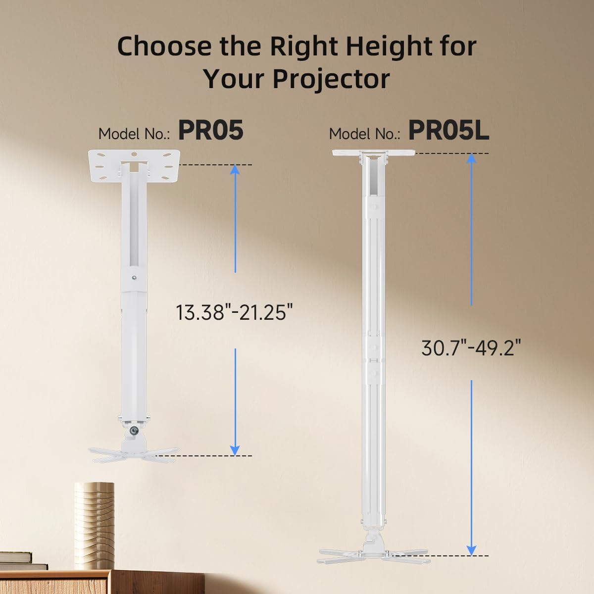 suptek White Projector Ceiling Mount Bracket Fits Flat or Sloped Ceiling Height Adjustable with Extendable Length 30.7-49.21inch,for LCD/DLP Projectors,White (PR05LW) - Image 7