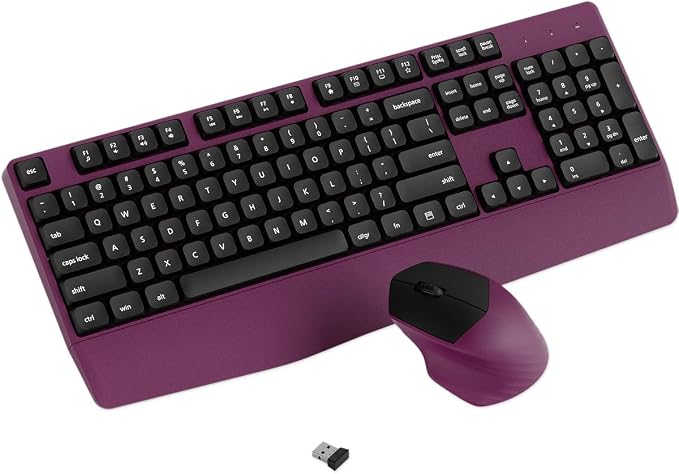 Ergonomic Wireless Keyboard and Mouse Combo with Wrist Rest, Black Burgundy | COVEVA Full Size Keyboard with 12 Dedicated Shortcuts, Smart Auto-Sleep, 2.4GHz Receiver, Natural Typing for PC Laptop by COVEVA