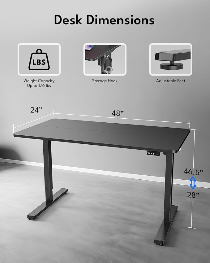Electric Standing Desk, Gaming Desk, 48 x 24 Inch, Black | Height Adjustable Computer Desk with Smart Controller, Sit and Stand Up Table for Home, Office, Work, Study, Writing - Image 2