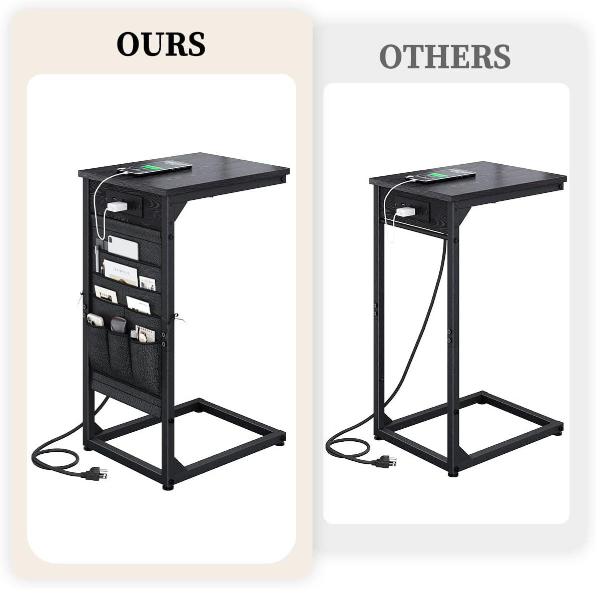 C-Shaped End Tables Set of 2, Small Couch Side Table with Fast-Charging Station, Sofa TV Tray Table with Storage Bag for Living Room, Bedroom, Bedside ET-BK-2 - Image 4