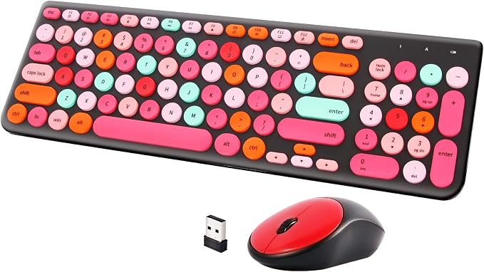 Wireless Keyboard and Mouse Combo, Retro Typewriter Keyboard with Round Keycaps, 2.4GHz USB Cute Wireless Keyboard Mouse for Computer, Desktop, Laptop and Computer (Black-Colorful) by GUKJOB