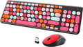 Wireless Keyboard and Mouse Combo, Retro Typewriter Keyboard with Round Keycaps, 2.4GHz USB Cute Wireless Keyboard Mouse for Computer, Desktop, Laptop and Computer (Black-Colorful) by GUKJOB