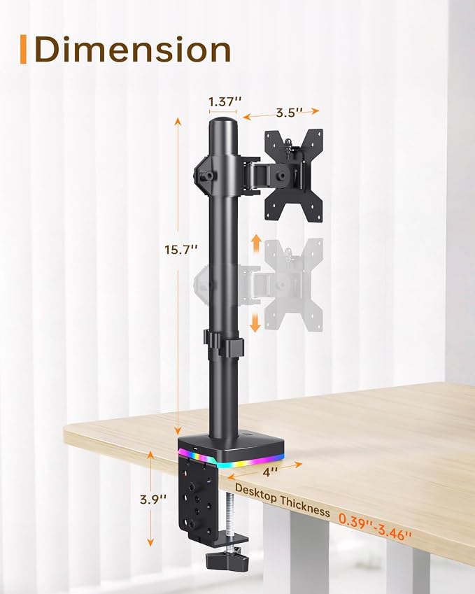 Afaloona RGB Monitor Stand with USB Hub for 13-27" Monitors, up to 17.6 lbs | Single monitor mount with 1 USB-C and 2 USB-A ports supports charging and data transfer for gaming desks and workstations - Image 8
