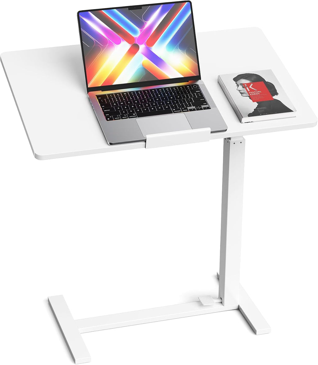Mobile Standing Desk Adjustable Overbed Table, Pneumatic Height Adjustable Rolling Laptop Desk with Hidden Wheels, 0-180°Tilt Top Rolling Computer Cart Foldable for Home Office, Craft & Study, White by Simple Deluxe