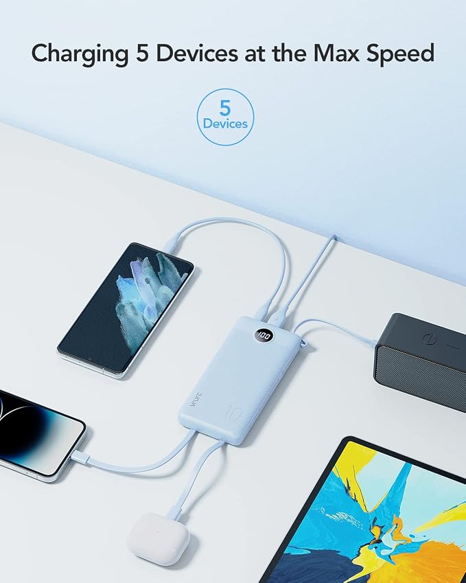 VRURC Portable Charger Power Bank, Built-in 4 Cables & 2 Ports 10000mAh | LED Display Slim Battery Pack,Compact Travel Essential Portable Phone Charger 5 Output for Multi Devices,Student/Teens(1Pack) - Image 5