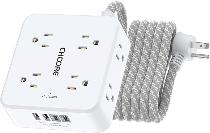 Surge Protector Power Strip - CHCORE 10 Ft Braided Extension Cord with 8 Outlets with 4 USB (2 USB C) Charging Ports, Flat Plug Multi Plug Outlet Extender Charging Station for Home Office, ETL, White by Unknown