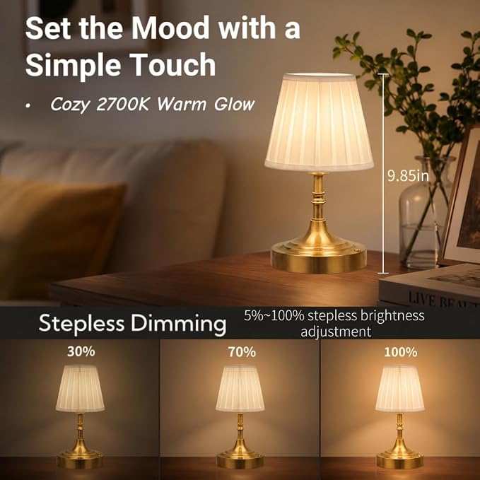 Gold Small Cordless Table Lamp Rechargeable,Mini Lamp - Kitchen Countertop | Battery Operated｜Touch Lamp｜Portable｜Restaurant Table｜Bookshelf | Counter Top ｜Wireless ｜Vintage｜Home Decor｜Farmhouse Boho - Image 4